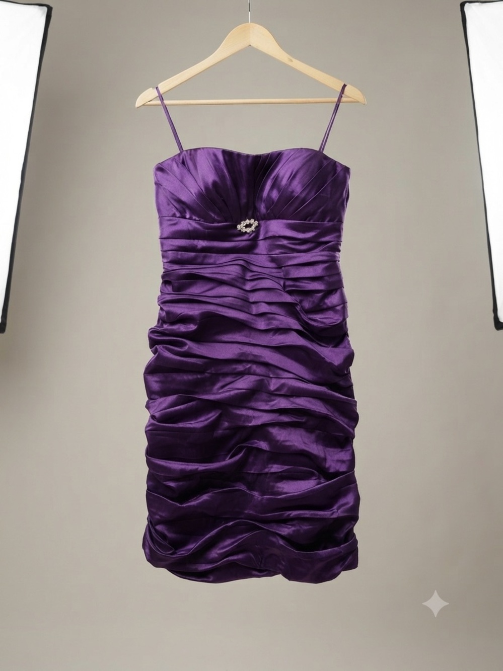 CHICA’S Satin Ruched Spaghetti Dress in Purple brooch can come off